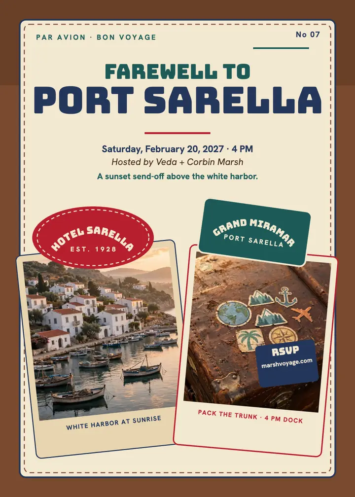 Farewell to Port Sarella luggage label invitation template