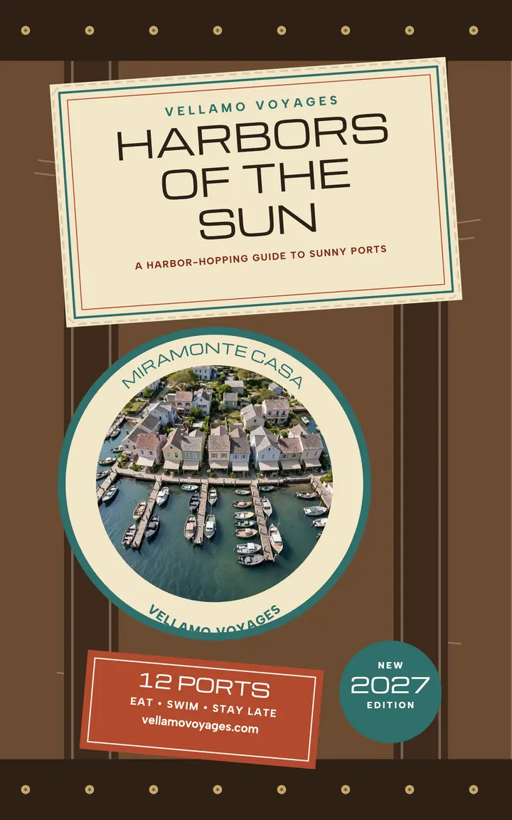 Harbors of the Sun trunk-label guide: travel guide ebook cover template