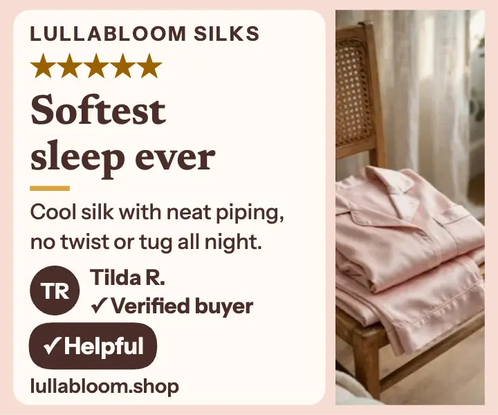 Lullabloom silk sleep set review ad: silk pajama review ad template