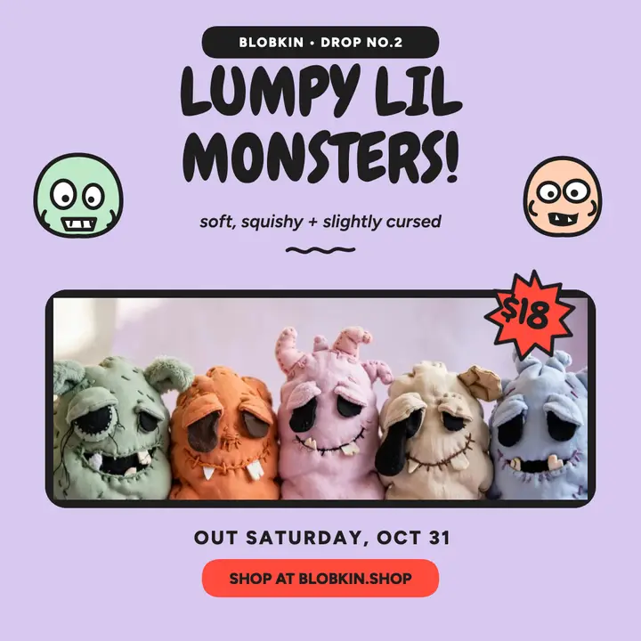 Blobkin lumpy monster plush drop: plush toy drop post template