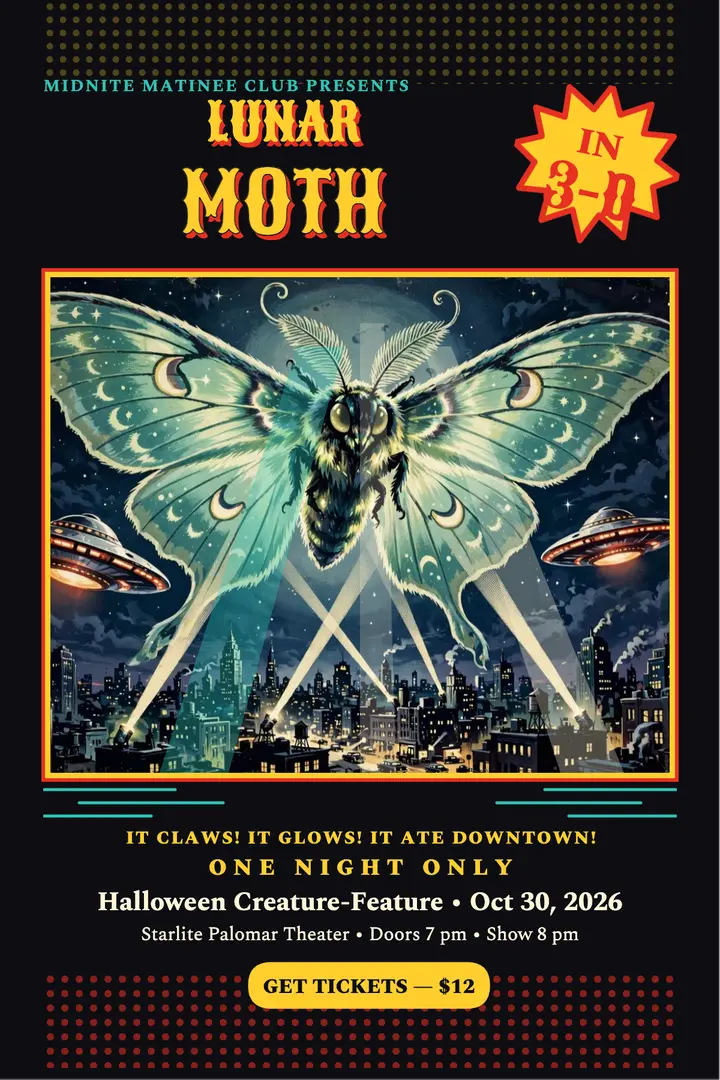 Lunar Moth creature-feature poster: halloween movie night poster template