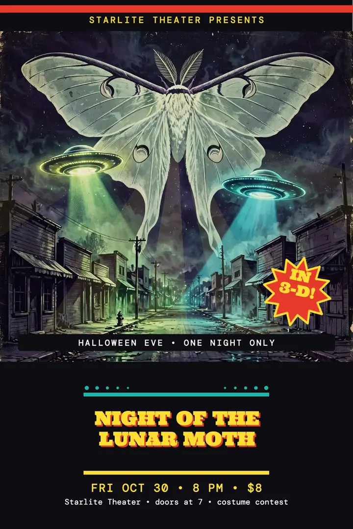 Lunar moth Halloween movie night poster template