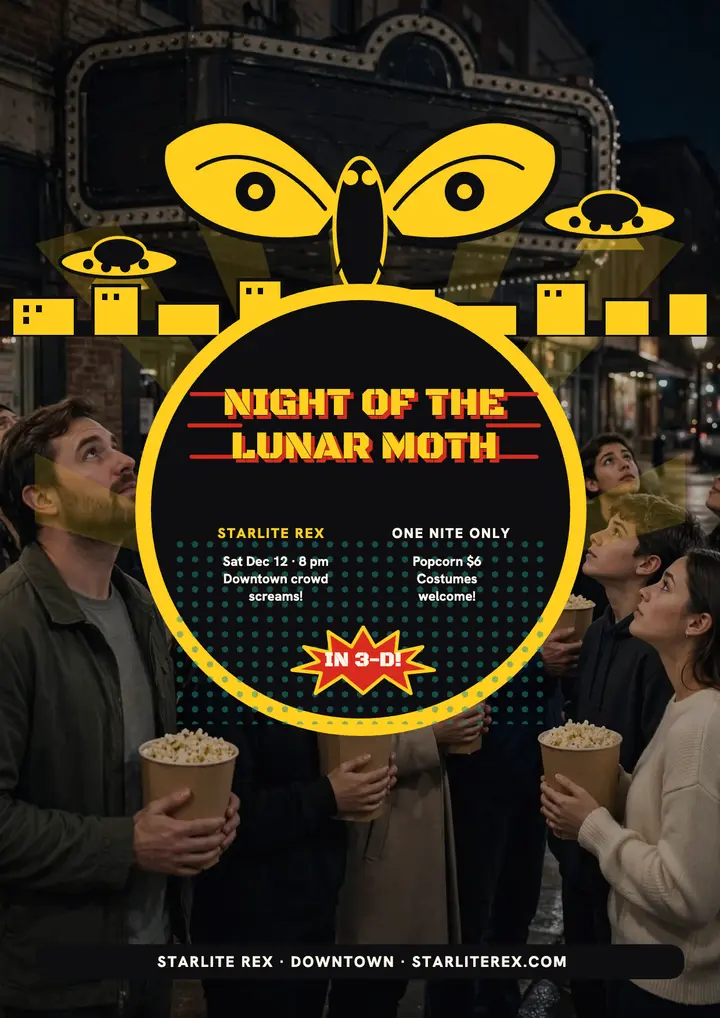 Starlite Rex lunar moth movie night flyer: movie night flyer template