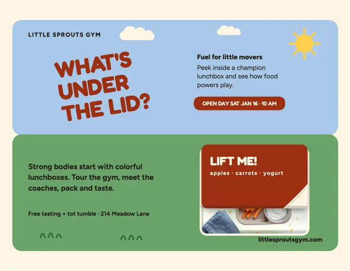 Little Sprouts lunchbox flap flyer: kids fitness flyer template