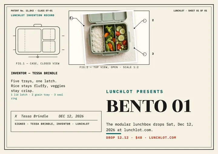 Lunchlot modular lunchbox patent launch poster: lunchbox launch poster template