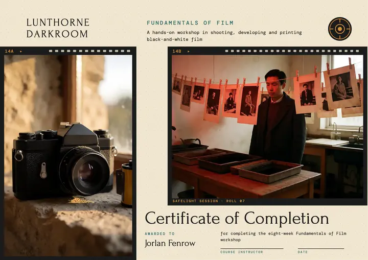 Lunthorne Darkroom film workshop certificate, half-frame diptych: darkroom workshop certificate template