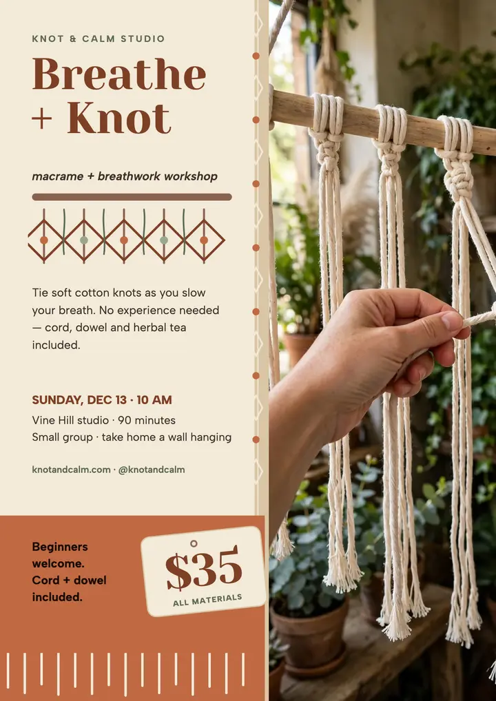Breathe and Knot macrame workshop flyer template