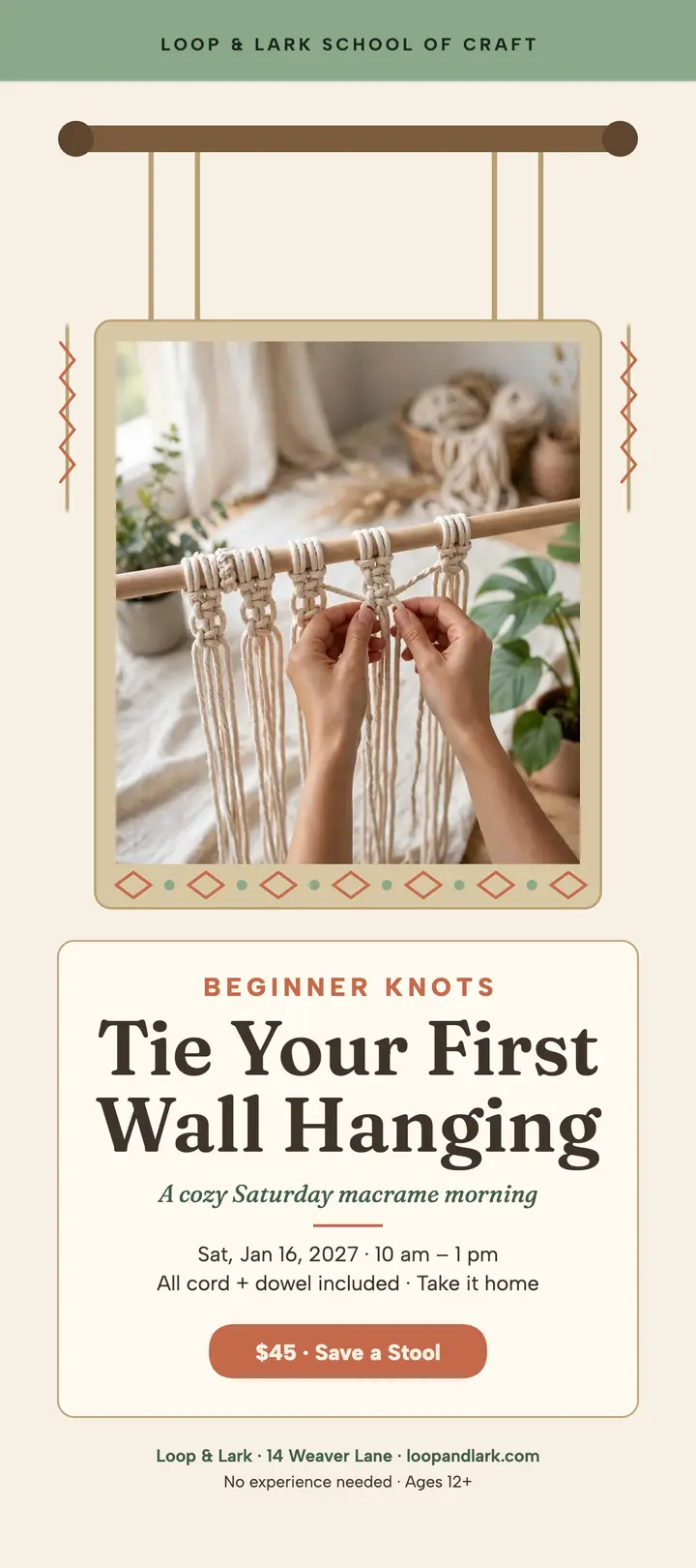 Beginner Knots macrame workshop rack card: macrame workshop rack card template