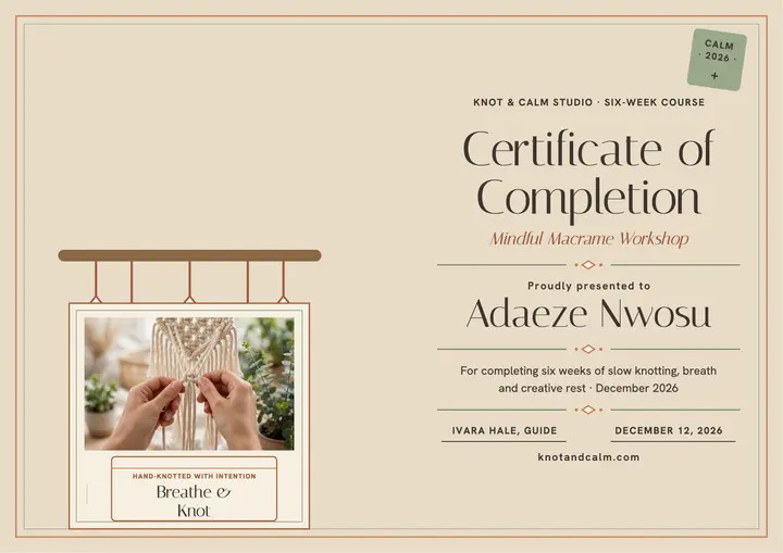 Knot and Calm mindfulness macrame certificate: mindfulness certificate template
