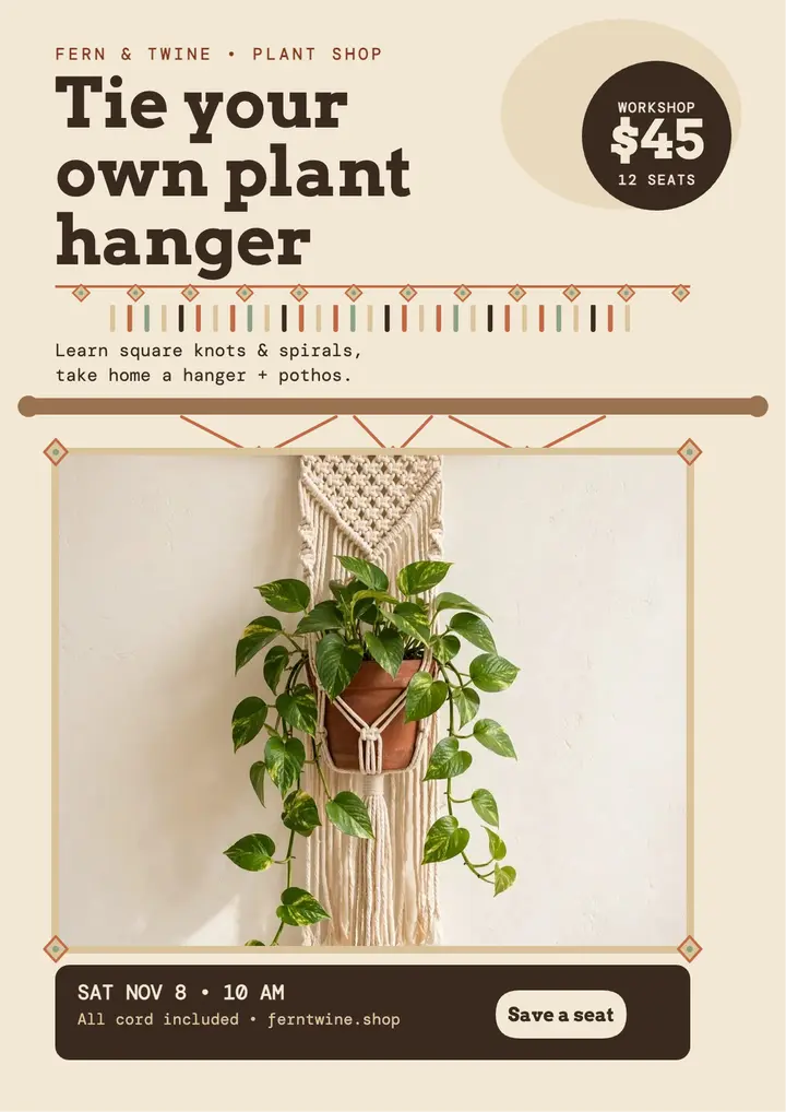 Fern and Twine macrame workshop flyer template
