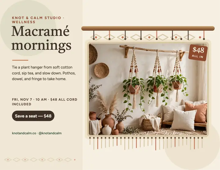 Knot and Calm macrame wellness flyer template