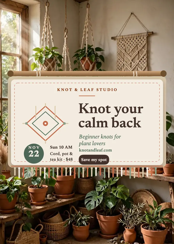 Knot & Leaf macrame workshop invitation: macrame workshop invitation template