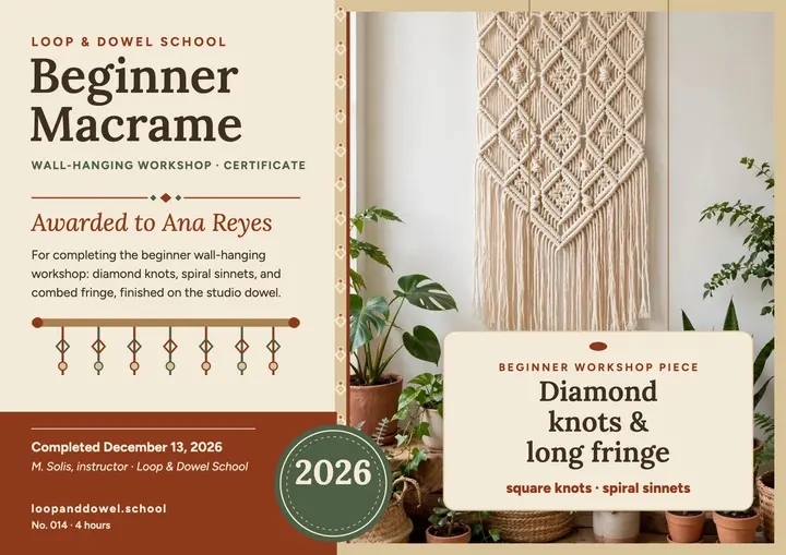 Loop and Dowel macrame workshop certificate template