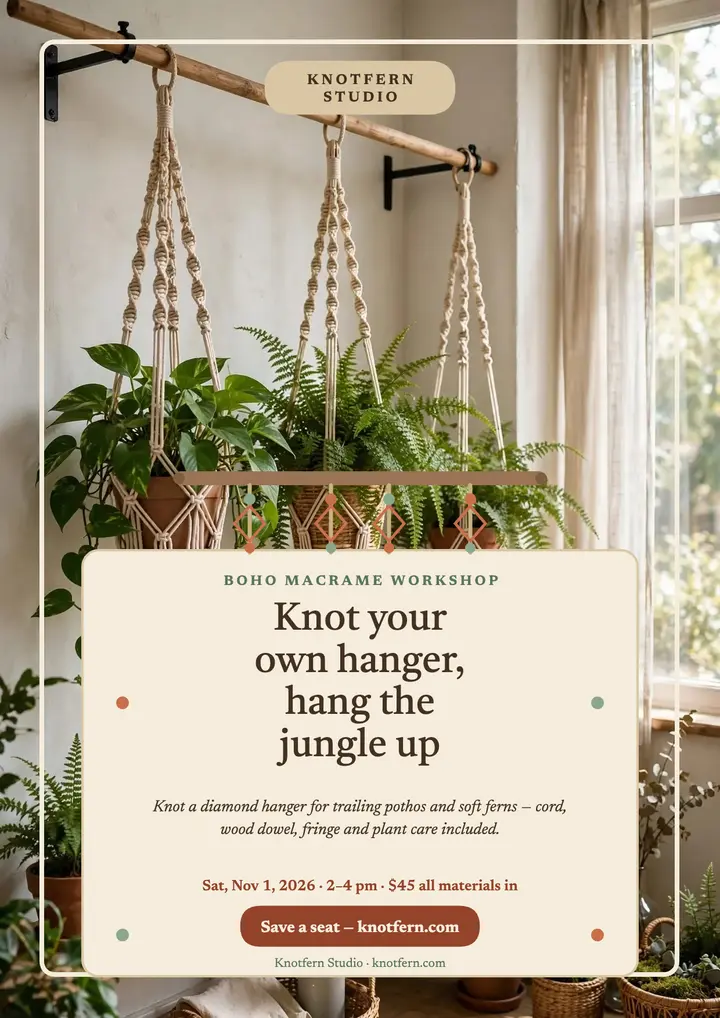 Knotfern macrame plant hanger workshop flyer template