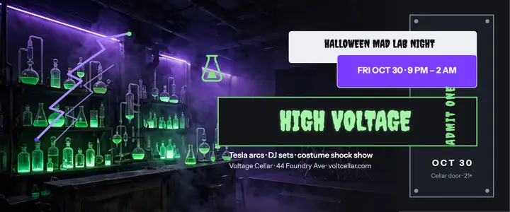 Voltage Cellar Halloween mad lab ticket template