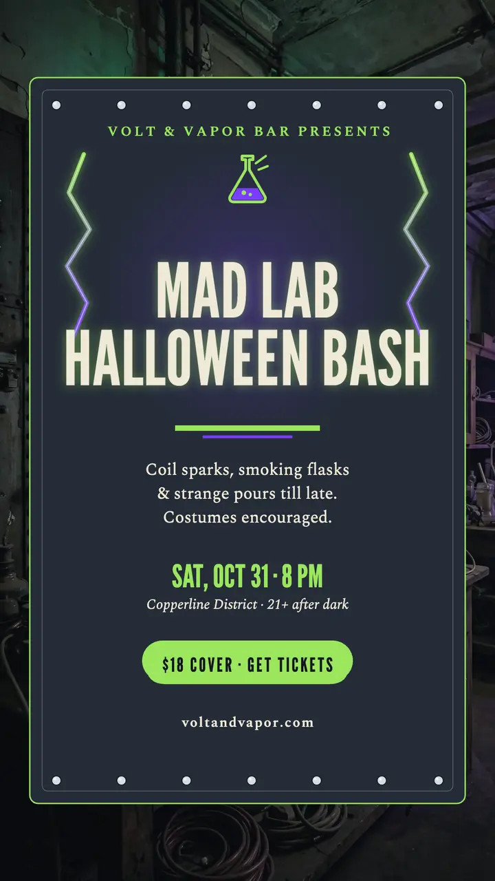 Volt and Vapor mad lab Halloween party story: halloween bar party story template