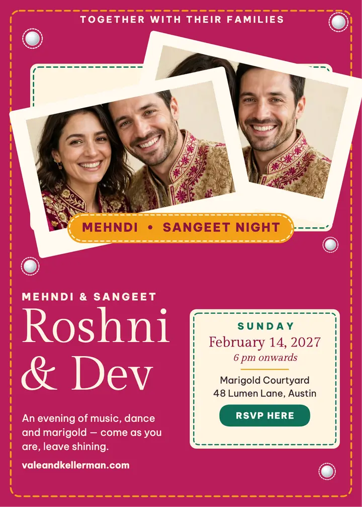 Roshni and Dev mehndi night invitation template