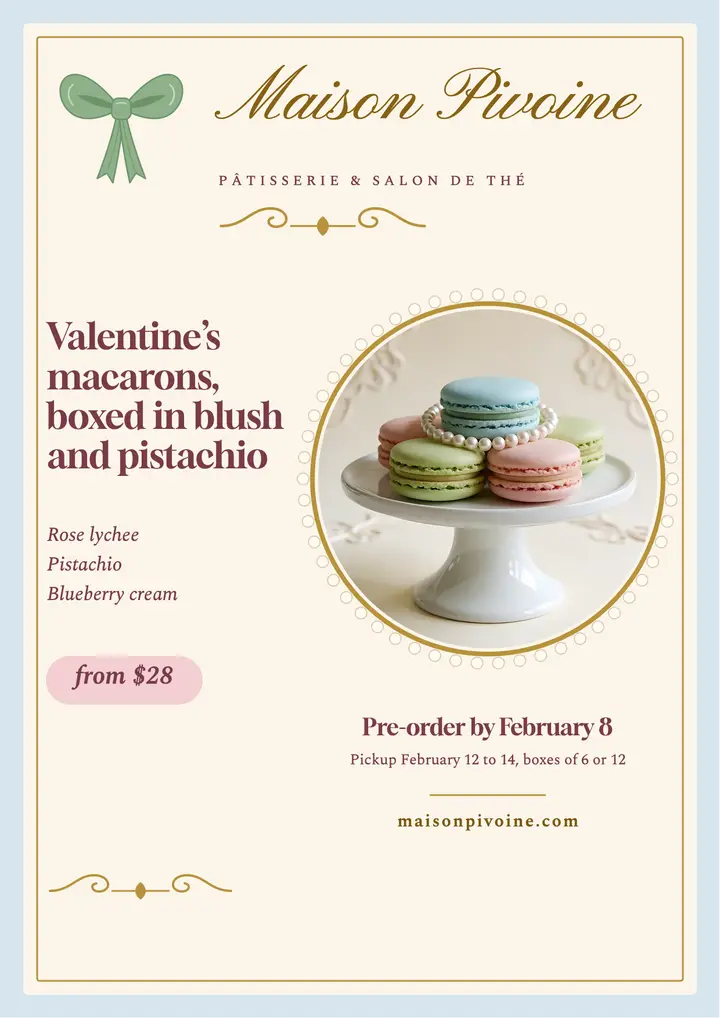 Maison Pivoine macaron box flyer, rococo romance template