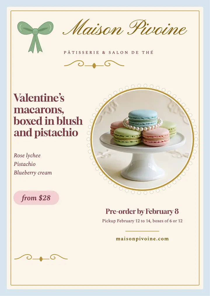 Maison Pivoine macaron box flyer, rococo romance template
