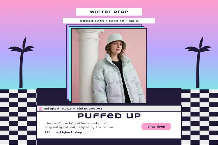 Mallghost pastel puffer drop postcard template