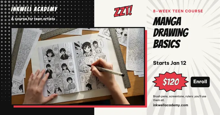 Inkwell Academy manga drawing basics teen course post template