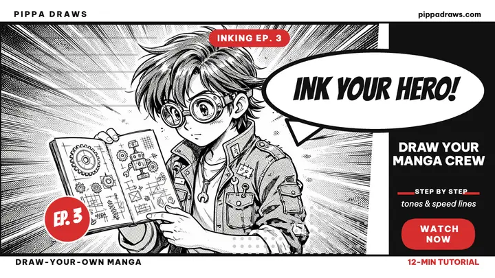Pippa Draws manga inking tutorial thumbnail template