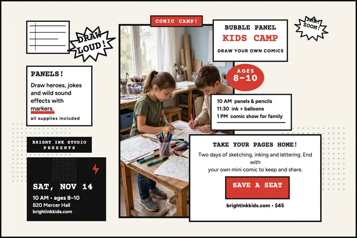 Bubble Panel kids comic camp postcard template