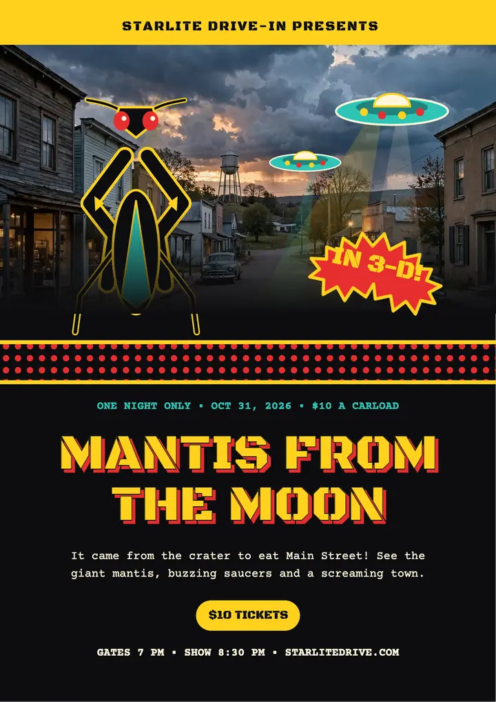 Mantis from the Moon drive-in flyer: halloween movie night flyer template