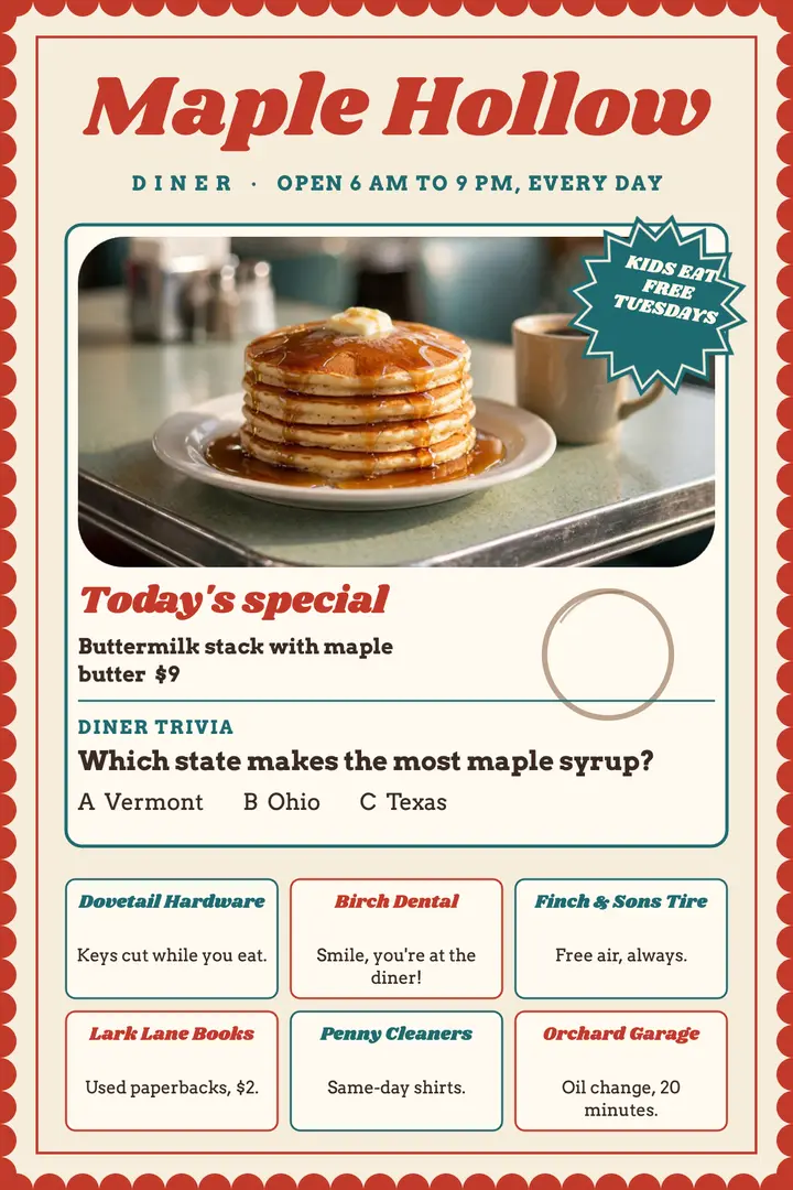 Maple Hollow Diner paper placemat template