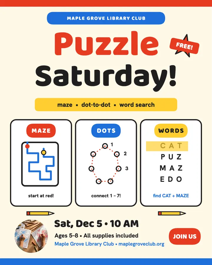 Maple Grove puzzle Saturday club post template