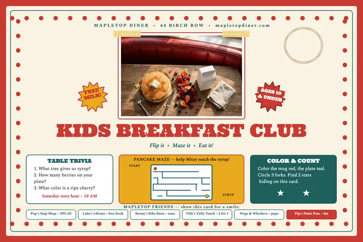 Mapletop Diner kids breakfast club postcard template