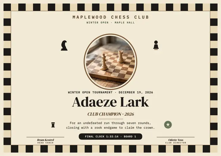 Maplewood Chess Club champion certificate template
