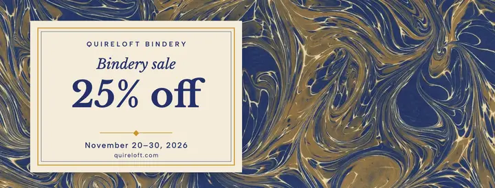 Quireloft Bindery studio sale cover, marbled paper: bindery sale cover template