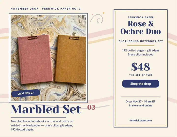 Fernwick Paper marbled notebook drop flyer: notebook drop flyer template