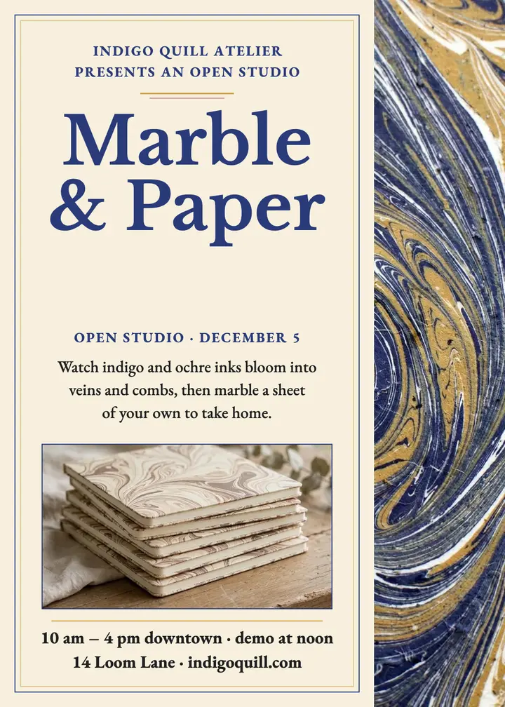 Indigo Quill marbled paper open studio invite template