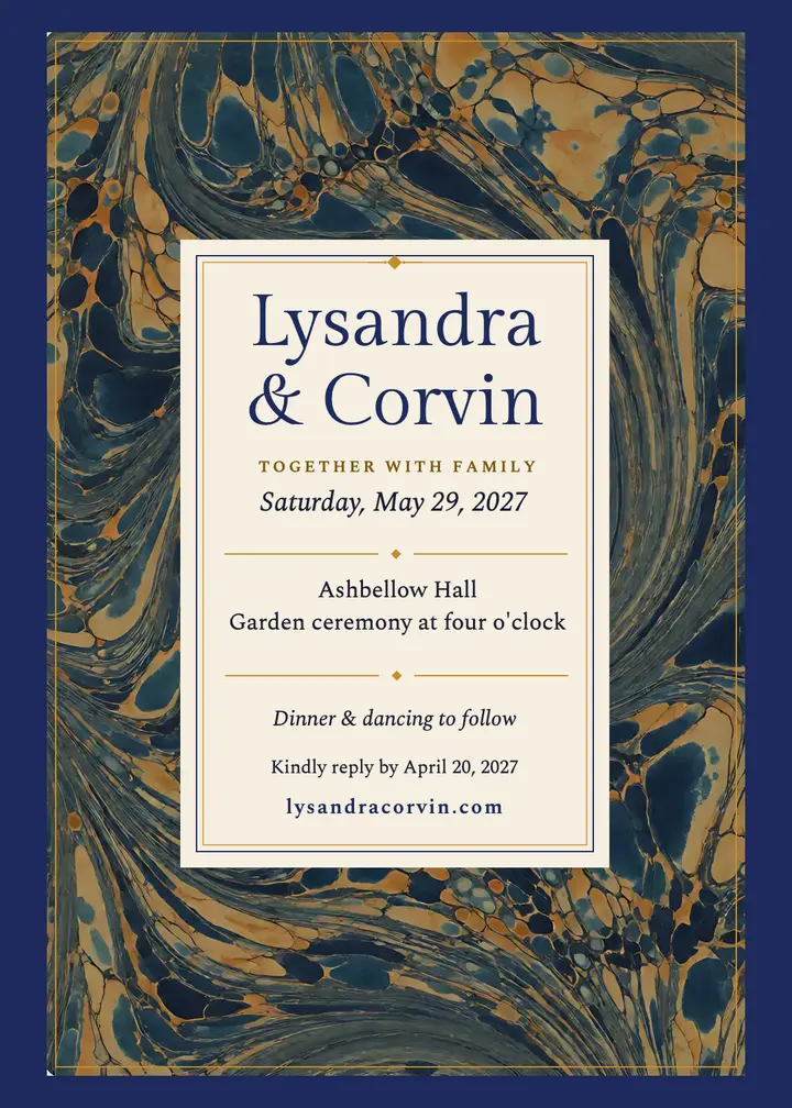 Lysandra and Corvin marbled wedding invitation template
