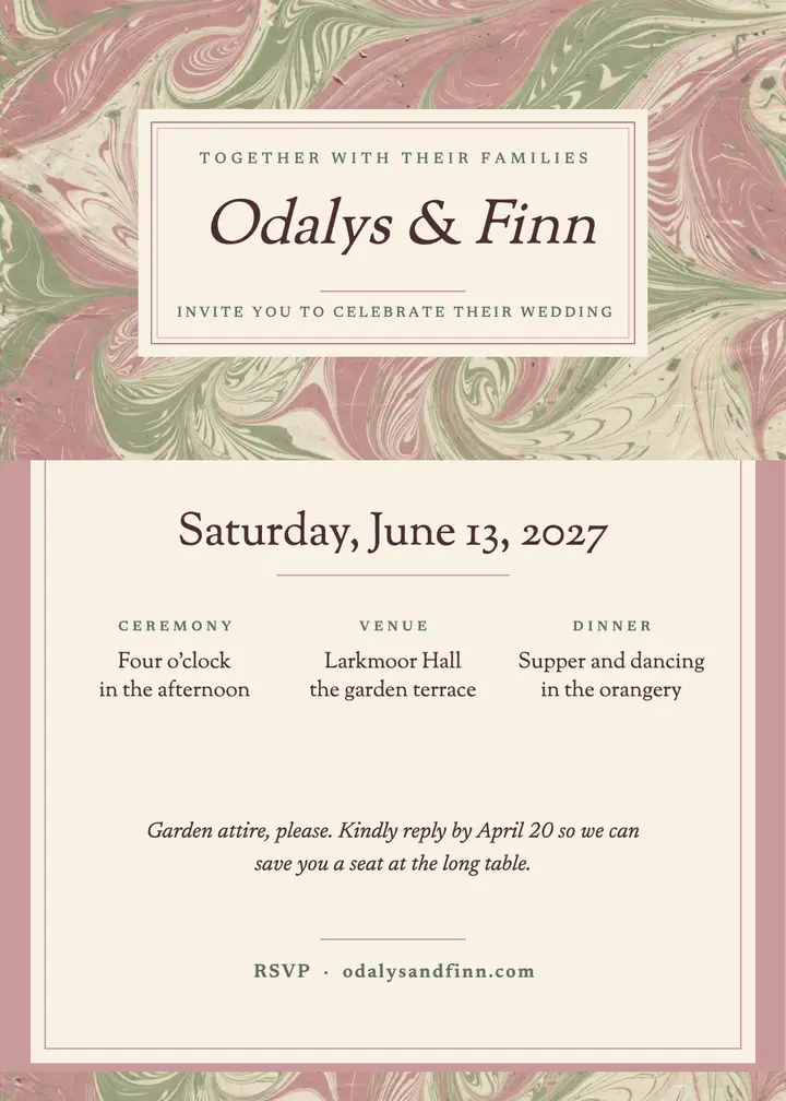 Odalys and Finn marbled wedding invitation template