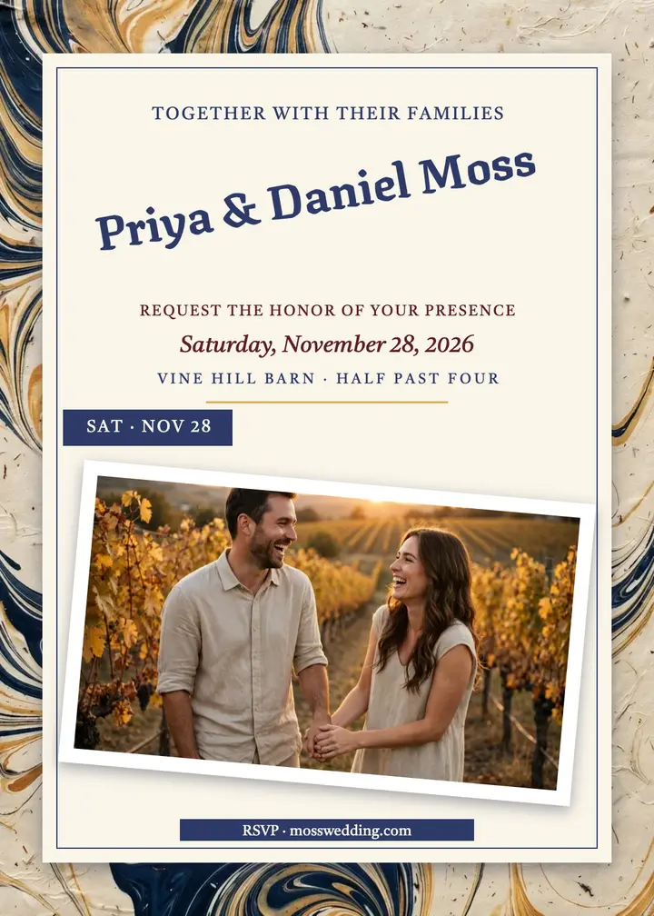 Priya and Daniel Moss fall vineyard wedding invitation template