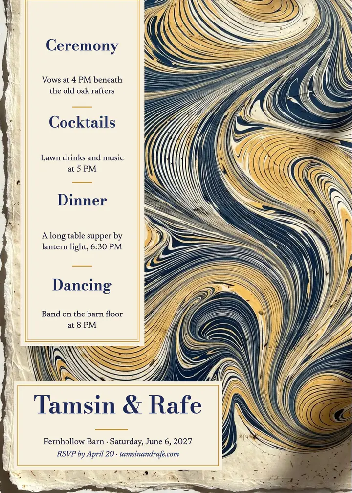 Tamsin and Rafe marbled paper wedding invitation template