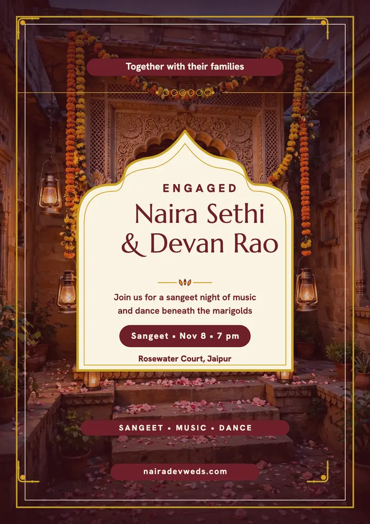 Marigold arch engagement sangeet flyer template