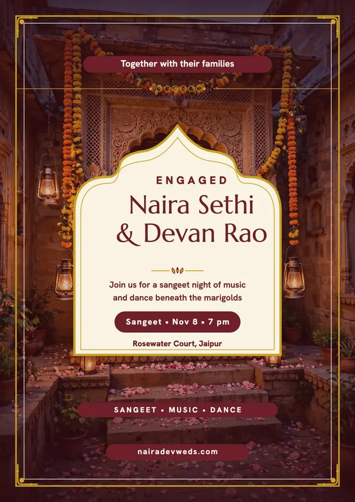 Marigold arch engagement sangeet flyer template