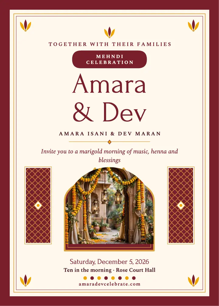 Amara and Dev marigold arch invite: mehndi wedding invitation template