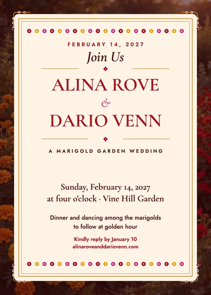 Alina Rove and Dario Venn marigold invitation template