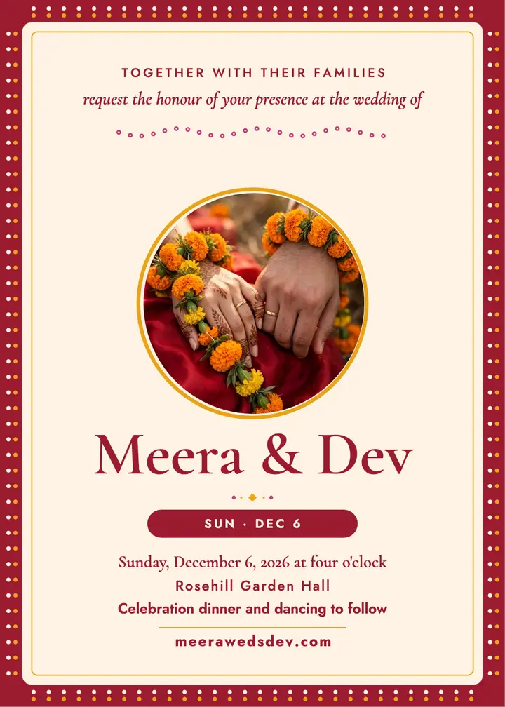 Meera and Dev marigold bandhani invitation template