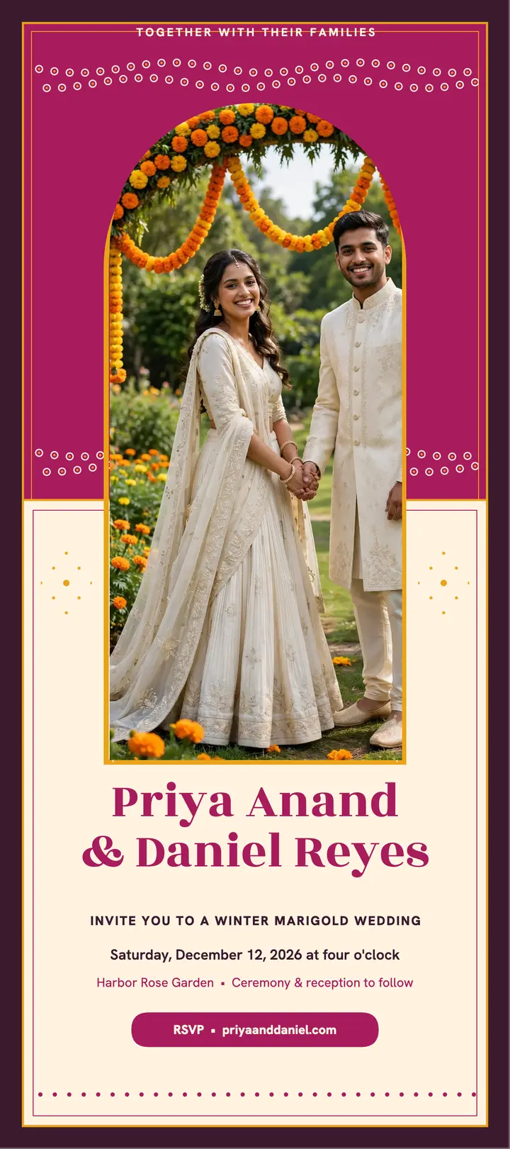 Priya and Daniel marigold wedding rack card template