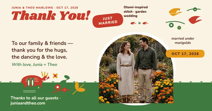 Marigold embroidered thank-you post, Junia and Theo template