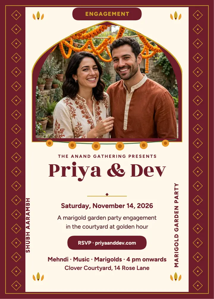 Priya and Dev marigold engagement invitation template