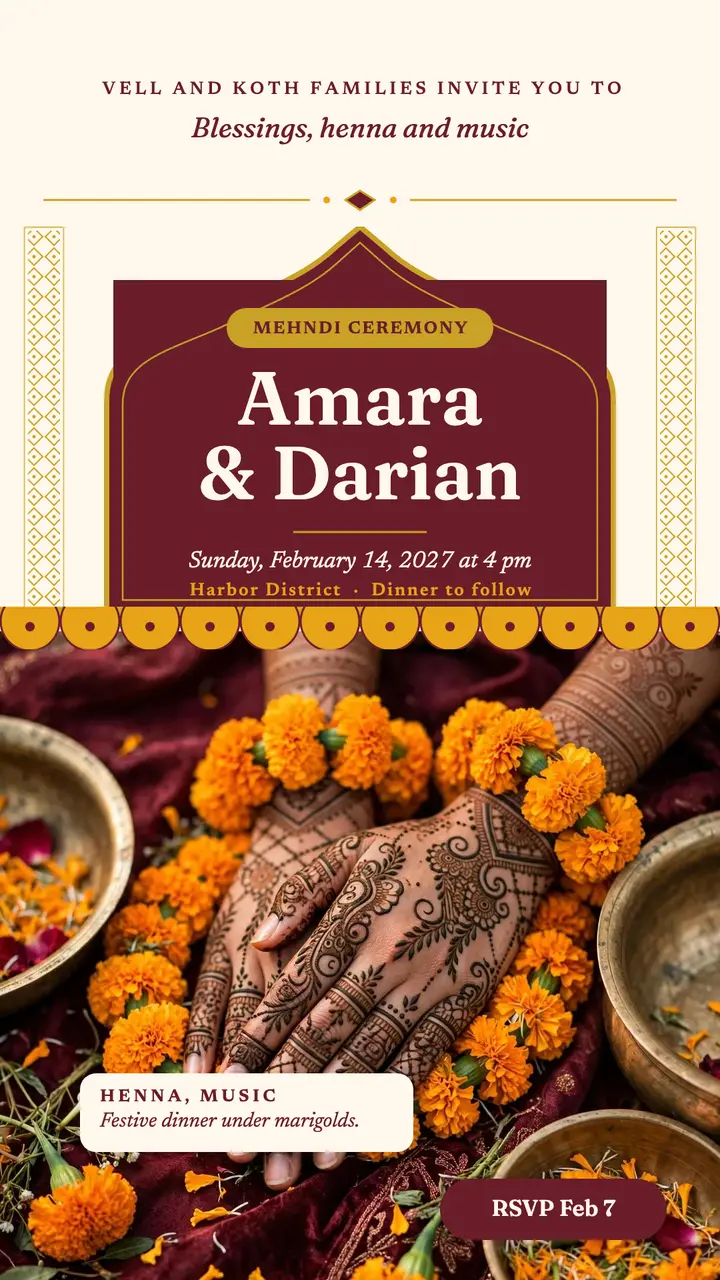 Marigold mehndi invite, Amara and Darian template