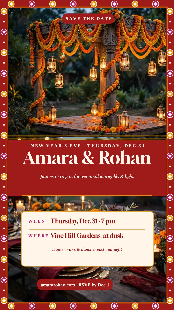 Marigold New Year wedding story invitation template