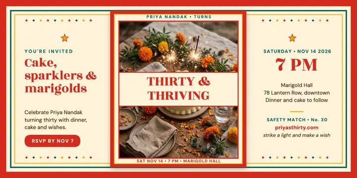 Priya thirty birthday matchbox post: birthday invite post template